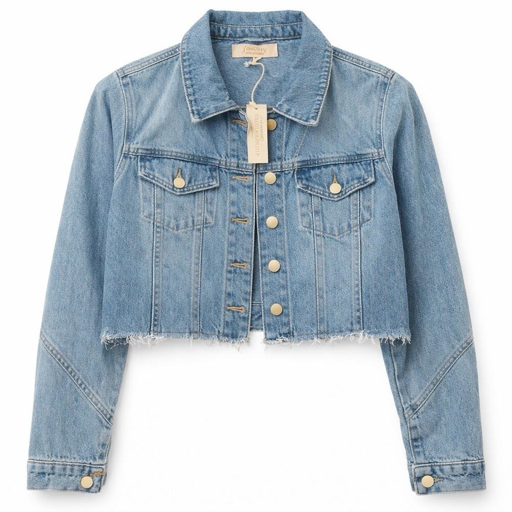 NWT Jewel Badgley Mischka Denim Jacket Frayed Hem Light Blue Size L Crop $158